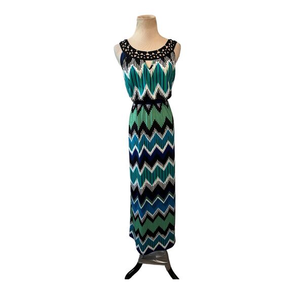 AB Studio blue green zig zag print sleeveless maxi dress size Small - Picture 5 of 11